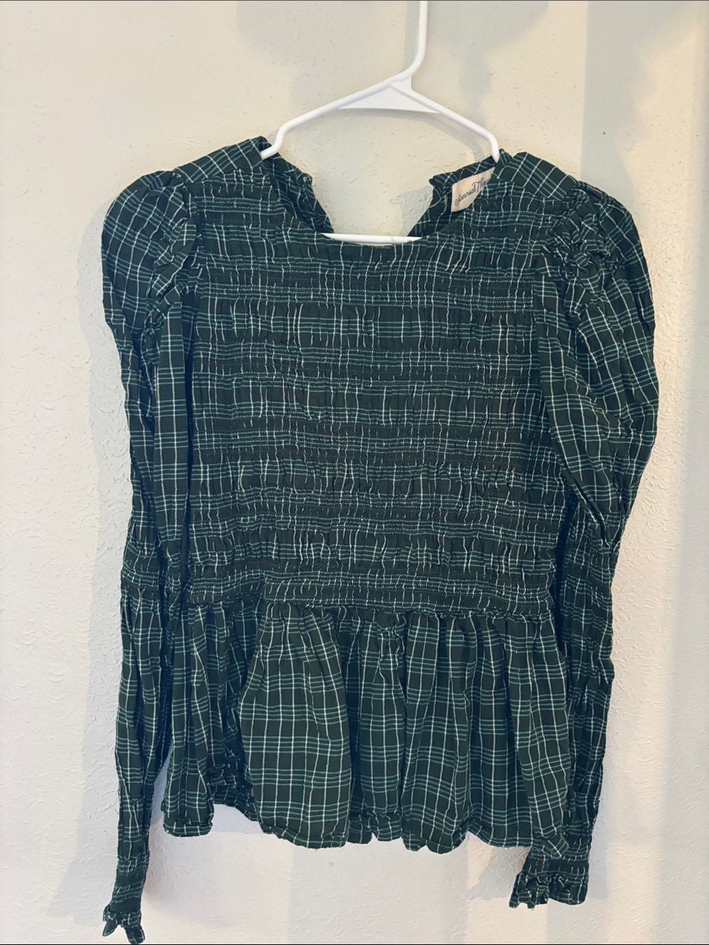 Universal Thread Dark Green Plaid Smocked Peplum Long-Sleeve Top